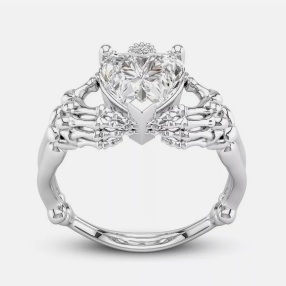 New Heart Shaped White Topaz Skeleton Hands Claddagh Ring. - Picture 1 of 10